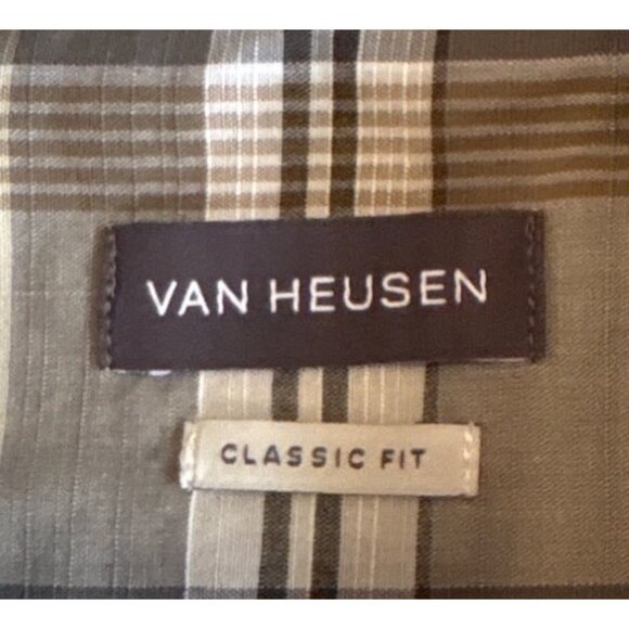 Van Heusen Shirt Short Sleeve Mens Classic Fit Plaid M 15-15 1/2" Gray & Beige - Picture 2 of 10
